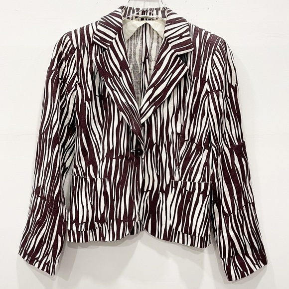 Max Mara One Button Printed Flax Linen Blazer Jacker Brown Size 2 - Picture 1 of 11